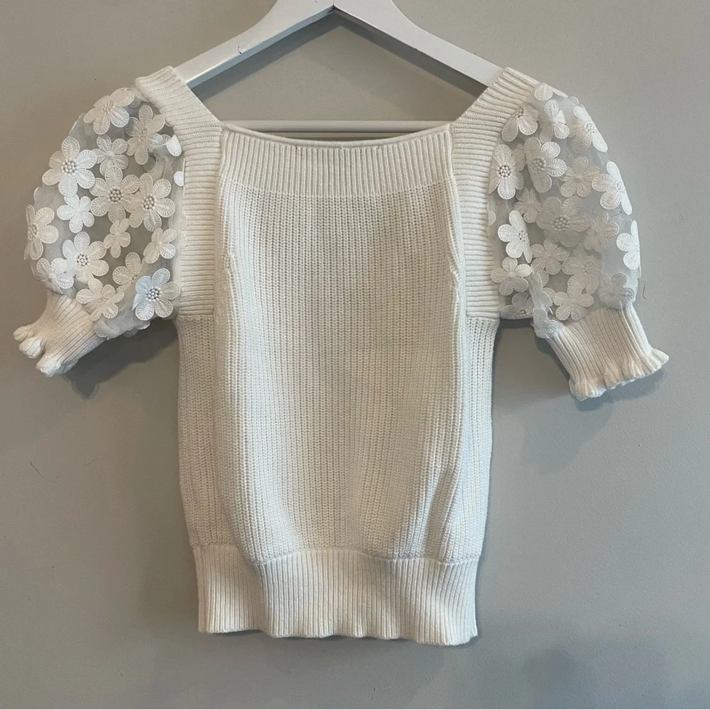 FRENCH CONNECTION Juliet Mozart Caballo Puff Sleeve Crop Sweater White Small - Picture 7 of 10